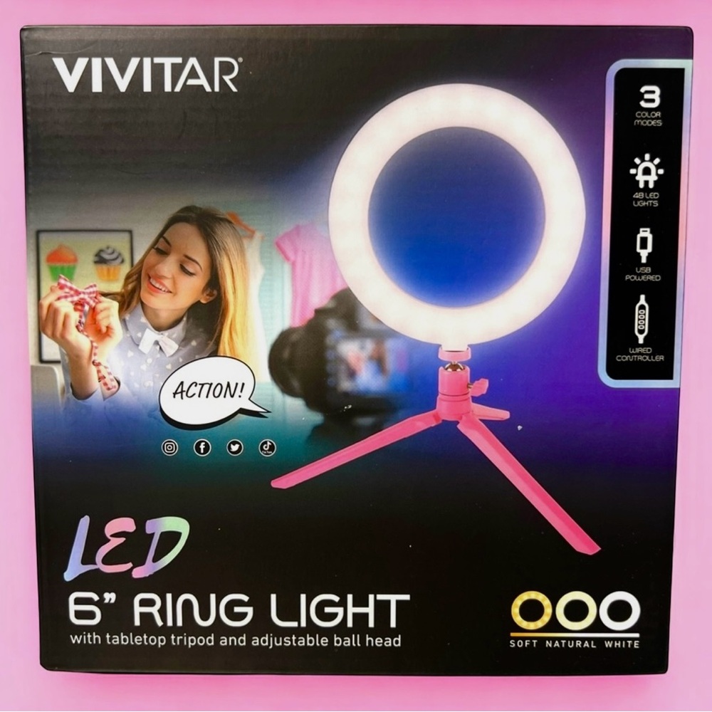Vivitar 6” LED Ring Light with Pink Tabletop Tripod Stand